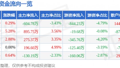 股票行情快报：大名城（600094）8月13日主力资金净卖出604.78万元