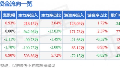 股票行情快报：大名城（600094）9月5日主力资金净买入218.15万元