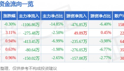 股票行情快报：大名城（600094）7月11日主力资金净卖出1106.86万元