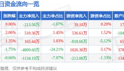 股票行情快报：康强电子（002119）7月28日主力资金净卖出213.56万元