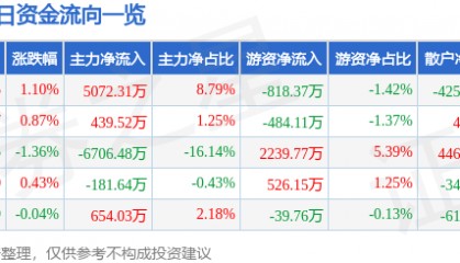股票行情快报：张江高科（600895）7月11日主力资金净买入5072.31万元