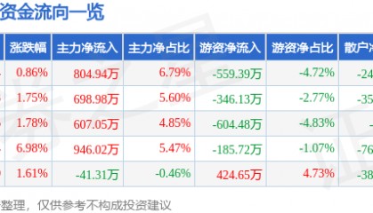 股票行情快报：ST先河（300137）8月11日主力资金净买入804.94万元