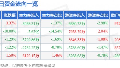 股票行情快报：张江高科（600895）9月5日主力资金净卖出3068.31万元