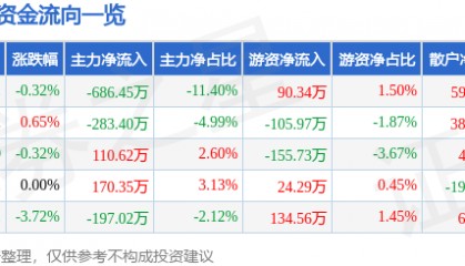 股票行情快报：大名城（600094）8月6日主力资金净卖出686.45万元