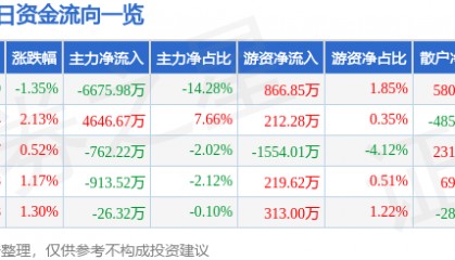 股票行情快报：康强电子（002119）8月21日主力资金净卖出6675.98万元