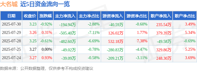 股票行情快报：大名城（600094）7月30日主力资金净卖出194.94万元