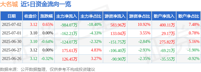 股票行情快报：大名城（600094）7月2日主力资金净卖出984.07万元