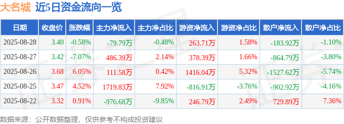股票行情快报：大名城（600094）8月28日主力资金净卖出79.79万元