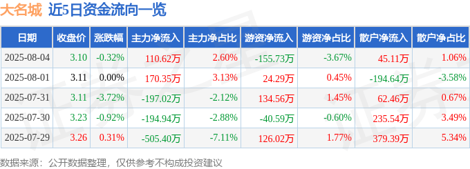 股票行情快报：大名城（600094）8月4日主力资金净买入110.62万元