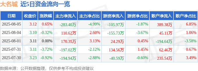 股票行情快报：大名城（600094）8月5日主力资金净卖出283.40万元