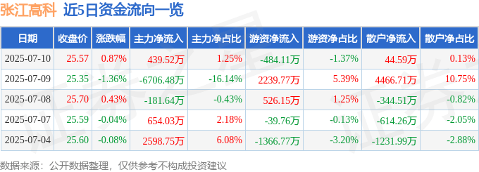 股票行情快报：张江高科（600895）7月10日主力资金净买入439.52万元