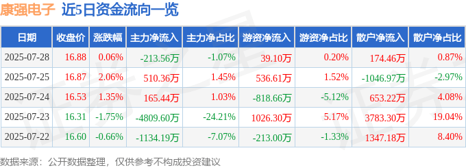 股票行情快报：康强电子（002119）7月28日主力资金净卖出213.56万元